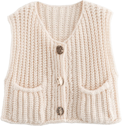 Flygo Womens Sleeveless Sweater Vest 2025 Spring Summer Crop Knit Top Chunky Crochet Button Cardigan Sweaters Beige Medium