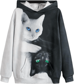 WDIRARA Women's Cat Graphic Print Color Block Long Sleeve Pocket Hoodie Sweatshirt
