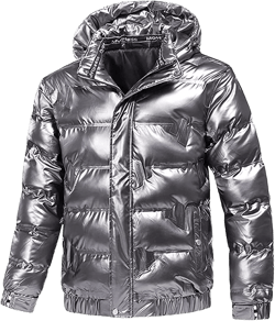Mens Shiny Puffer Jacket Hooded Down Quilted Insulated Jacket Zip up Padded Coat Glossy Winter Coat Warm Outwear