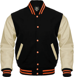 Bomber Jacket Baseball Letterman Varsity Jackets Genuine Leather Sleeves and Wool Color Options X-Small Cream Black Orange Strips