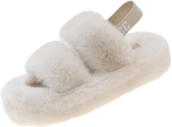 Women's Fuzzy Slippers Adjustable Fluffy Thick Sole Cozy Comfy Memory Foam Open Toe House Slippers Faux Fur Soft Plush Two Band Slides Anti-Skid Indoor Outdoor Home Bedroom for Women 8 White