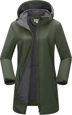 Outdoor Ventures Women's Softshell Jacket with Removable Hood Fleece Lined Windbreaker Insulated Long Warm Rain Jacket Dark Army Green 3X-Large