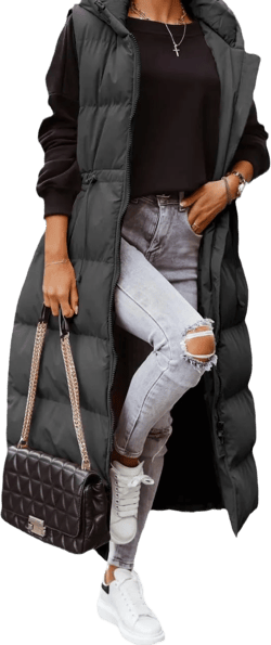 ebossy Women's Winter Warm Hooded Down Puffer Jacket Vest Sleeveless Cotton Padded Quilted Thicken Long Coat Medium Black