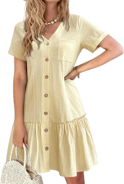 HOTOUCH Women Button Down Dress Loose Summer Cotton Linen Dress Ruffle Hem Casual Dress Short Sleeve Tunic Dress XX-Large Beige