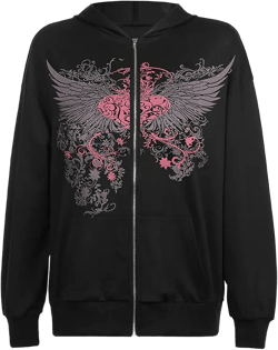 Women's Oversized Y2K Sweatshirt Long Sleeve Zipper Punk Goth Printed Hoodie Aesthetic Drawstring Jacket Small Black-c