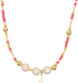 Gold Pink Beige Beaded Pearl Initial Choker Necklaces for Women, Boho Handmade Personalized Seed Beads Letter Name Little Necklace Beach Surfer Bohemian Jewelry Gift