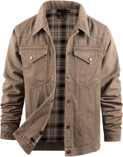 PEHMEA Men's Lined Flannel Denim Stylish Cowboy Trucker Coat Snap Button Rugged Western Shirts Jackets(Brown-S)