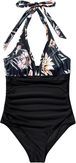 RXRXCOCO Womens One Piece Swimsuits Tummy Control Bathing Suit Drawstring Halter Mesh Swimdress Regular Medium 023# Floral Black