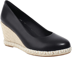 VOKLIN Women's Round Toe Espadrilles Wedge Pumps Slip On Leather Casual Platform High Heels Pump Dress Shoes 4 Black