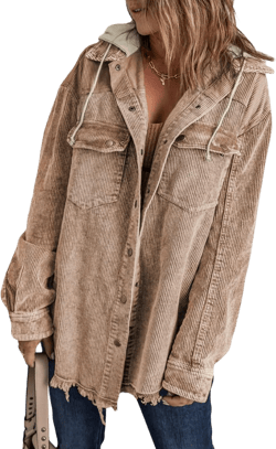 Dokotoo Womens 2025 Fall Corduroy Shacket Jacket Long Sleeve Button Down Color Block Hooded Coat with Pockets XX-Large Brown