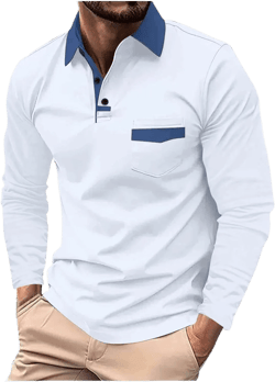 DEEX Men's Polo Shirts Long Sleeve Casual Fashion Polo Tee Shirts Color Block Slim Fit Golf Polo Shirt with Pocket Medium Blue Collar Mixed White