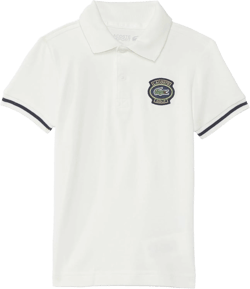 Lacoste Boys' Short Sleeve Color Blocked Polo Shirt W/Large Front + Back Graphics 10 Years Flour