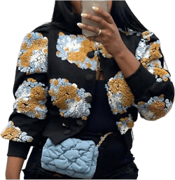 Aimiray Women's Cropped Floral Print Jacket Long Sleeve Fleece Warm Bomber Jacket Lightweight Button Varsity Coats Medium Yellow