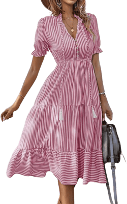 Women's Shirt Dresses Sleeveless V Neck Midi Dress Striped Pleated Ruffle Tunic Tops Casual Dress with Button