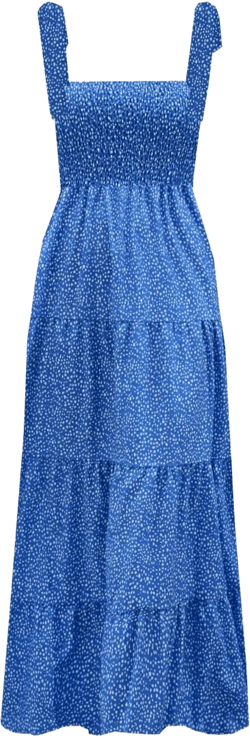 kinstell Women's Summer Boho Spaghetti Strap Square Neck Ruffle Casual Flowy Long Dress Beach Swing Party Maxi Dress Large Dots Blue