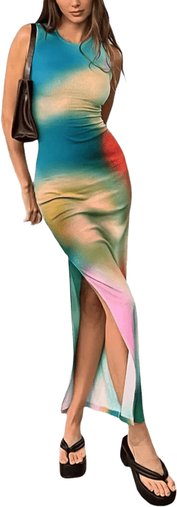 Casual Summer Long Maxi Bodycon Dresses for Women Beach Vacation Outfits 2023 Y2k Dress Sleeveless Side Split Tie Dye Print Trendy Tank Dress African Dresses for Women Blue