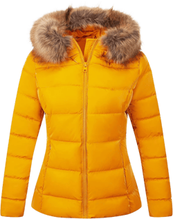 Bellivera Womens Lightweight Puffer Jacket, Winter Coats for Women Warm Quilted Bubble Padded Hood Coat with Faux Fur Collar Medium Yellow
