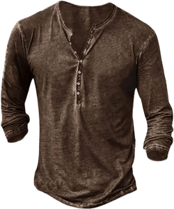 Mens Distressed Henley Shirts Front Placket Retro Long Sleeve Tee Shirts Casual Button Down Washed T-Shirts for Men X-Large Brown