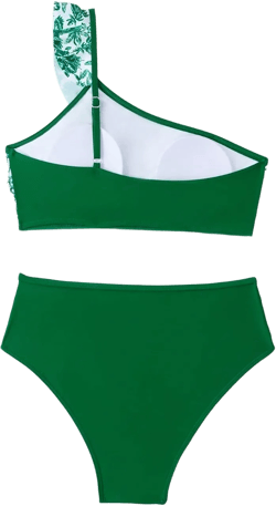MakeMeChic Women's Two Piece Bikini Sets One Shoulder Floral Print Ruffle High Waisted Swimsuit Bathing Suit Green Small