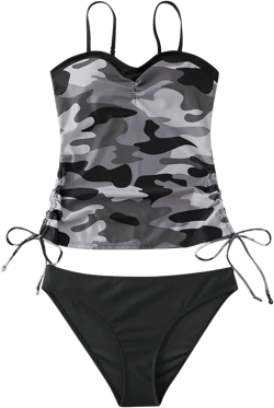 YOLAI Women Camouflage Print Tankinis Set Push-Up Drawstring Tank Top Swimsuit Two Piece with Low Waisted (Camouflage, M)