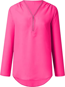 Womens 2024 Casual Fold Over Ladies Tunic Tops V Neck Summer Chiffon T-Shirts Zip Up Trending Trendy T Shirts Solid Hot Pink Large