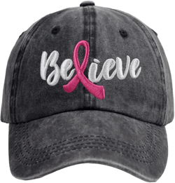 SHANVANKE Breast Cancer Awareness Hat for Women, Embroidered Adjustable Believe Pink Ribbon Logo Cotton Denim Baseball Cap One Size Breast Cancer Awareness Embroidery Black