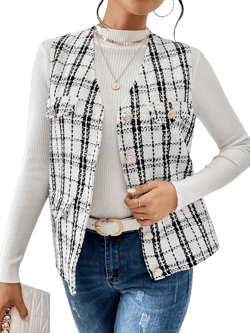 SweatyRocks Women's Plaid Sleeveless Button Front Tweed Vest Elegant V Neck Overcoat Outerwear X-Small Black and White