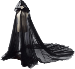 Women Wedding Tulle Cape Hooded Elf Cloak Bridal Dress Robe with Long Train Black