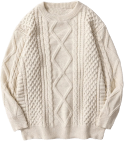 Women Cable Knit Vintage Chunky Sweater Loose Casual Knitted Sweater Unisex Woven Crewneck Knitted Top at Amazon Women’s Clothing store