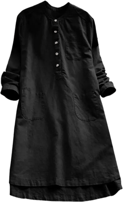 iQKA Women Plus Size Cotton Linen Button Down Shirt Dress Long Sleeve Casual Loose Pockets Mini Tunic Dress 3X-Large Balck