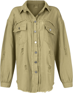 Trendy Casual Women's Oversized Jean Shacket Solid Color Long Sleeve Distressed Jacket with Pockets Small 2-khaki