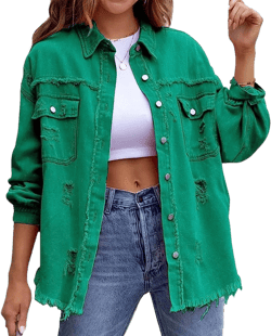 Women's Button Down Oversized Denim Jackets Ripped Frayed Shacket Jean Coat Distressed Shirts with Pockets X-Large Green