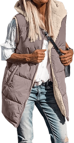 Reversible Puffer Vest Women, Long Vest for Women Sleeveless Fleece Jacket Zip Up Hoodie Quilted Vest Winter Coat Pink X-Large