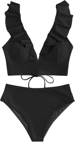 MakeMeChic Women's Ruffle High Waisted Swimsuit 2 Piece Bikini Sets V Neck Lace Up Bathing Suit Small Black