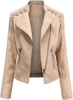 Womens Faux Leather Zip Up Motorcycle Biker Jacket Slim Fit Short Coat Small Beige
