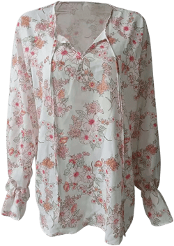 Boho Floral Print Shirt for Women Drawstring V Neck Tops Casual Long Sleeve Shirts Fashion Comfy Loose Blouses Medium White