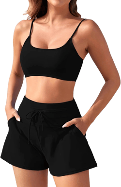 Pink Queen 2 Piece Bathing Suits for Women Adjustable Strap Top Drawstring High Waisted Bikini Shorts Swimsuit with Pockets