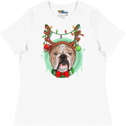 English Wearing Antlers & Christmas Lights Women's Relaxed Tee | Fawn & White Colored Male