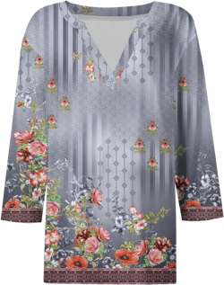 Long Sleeve Shirts for Women 2024 Casual V Neck Tops Summer Floral Striped Printed Tunic Blouses Loose T-Shirts Small Silver