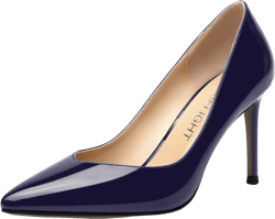AMBELIGHT Womens Patent Pointed Toe Slip On Dating Dress Ankle Strap Stiletto High Heel Pumps Shoes 3.3 Inch 9.5 Navy Blue