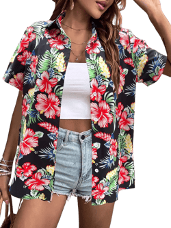 Hawaiian Shirts Women Hawaii Tshirt Cool Floral Tropic Print Graphic Tees Tops Button Up Summer Vacation Shirt X-Large Black