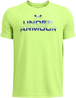 Under Armour Boys' Tech Split Wordmark Short Sleeve T Shirt X-Large (304) Morph Green / / Tech Blue