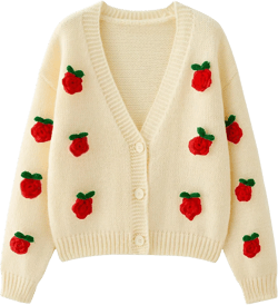 HOULENGS Women's Strawberry Print Button Down Long Sleeve V Neck Crop Cardigan Sweater