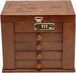 5 layers 4 drawers Wooden Jewelry Box Organizer with Combination Lock for Women, Large Wood Dresser Top Jewelry Storage Container with Combo Lock, Mirror, Velvet Interior(Dark Natural, US Stock)