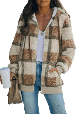 Plaid Print Zipper Fleece Hooded Coat
