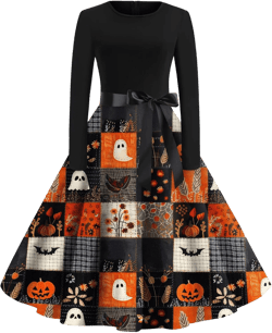 Long Sleeve Dresses for Women Fall Plus Size Crew Neck Party Hem Dress Casual Vintage Halloween Printed Swing Dress