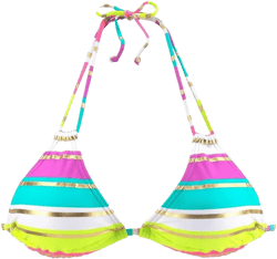 LASCANA Women's Striped Triangle Bikini Top - Multicolored Block Stripes, Gold Glitter, Fully Lined, Adjustable, Removable Pads, Multi, 36 A/B