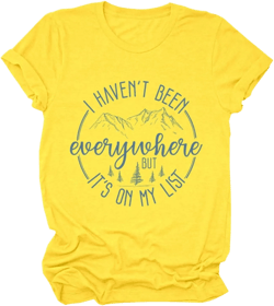 Womens Retro Mountains Graphic Tees I Haven't Been Everywhere But It's On My List T-Shirt Funny Travel Summer Tops 3X-Large Yellow