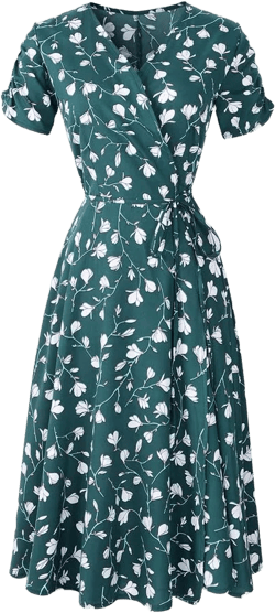 iQKA Women's Short Sleeve V Neck Retro Floral Print Boho Dress Ladies Elegant Evening Flare A-Line Wrap Dress XX-Large Green