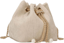 GORGLITTER Women's Pearl Decor Drawstring Crossbody Bag Chain Mini Bucket Handbags One Size Khaki
